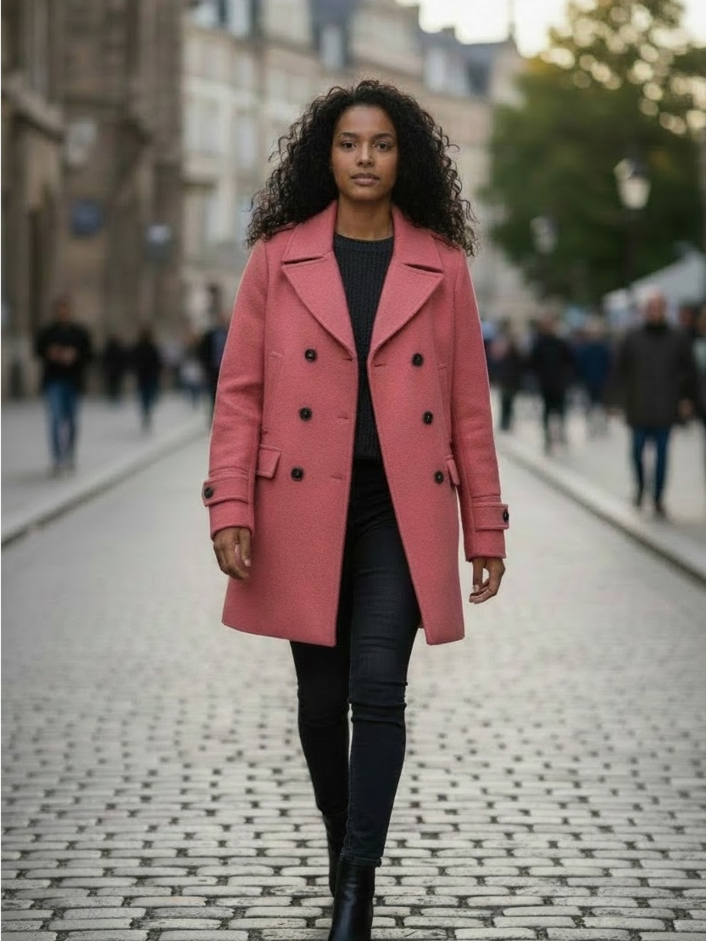 Etcetera Double-Breasted Pea Coat in Rose Pink with 4 pockets in the front